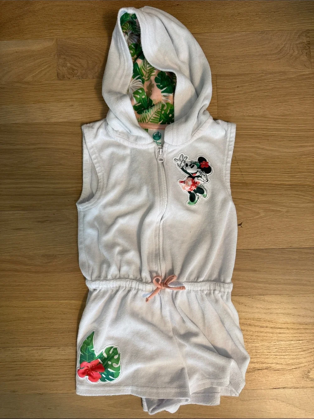 Disney White Hooded Minnie Swim Beach Coverup with Pink and Green Accents